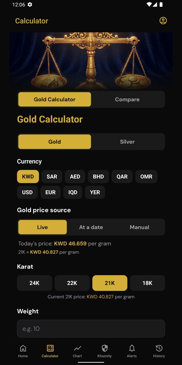 Gold Calculator — pick karat, enter weight, see fair price